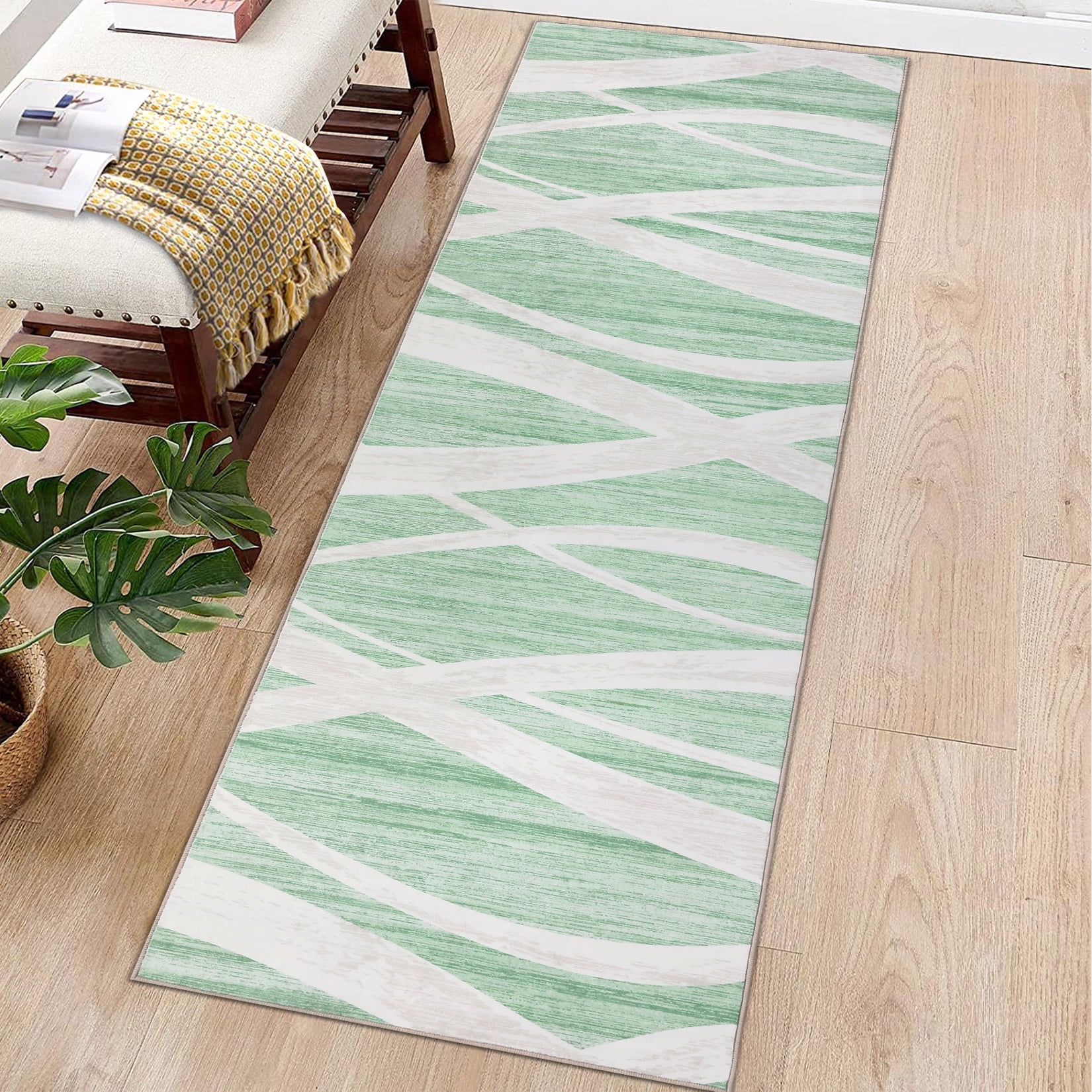 Hasoo Runner Rug 2x6 Modern Abstract Indoor Washable Rug for Hallway Bohemian Contemporary Rug, Green