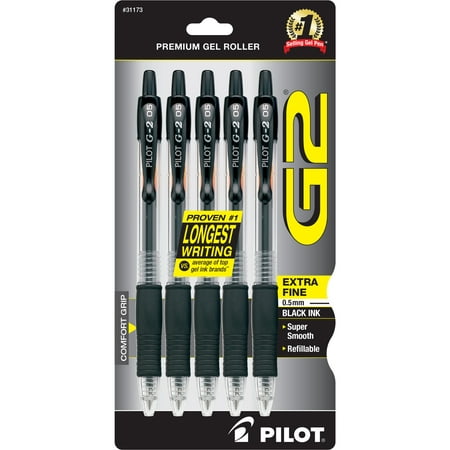 Pilot G2 Retractable Gel Pens, Extra Fine Pt, Black Ink, 5 Pk, 673176535