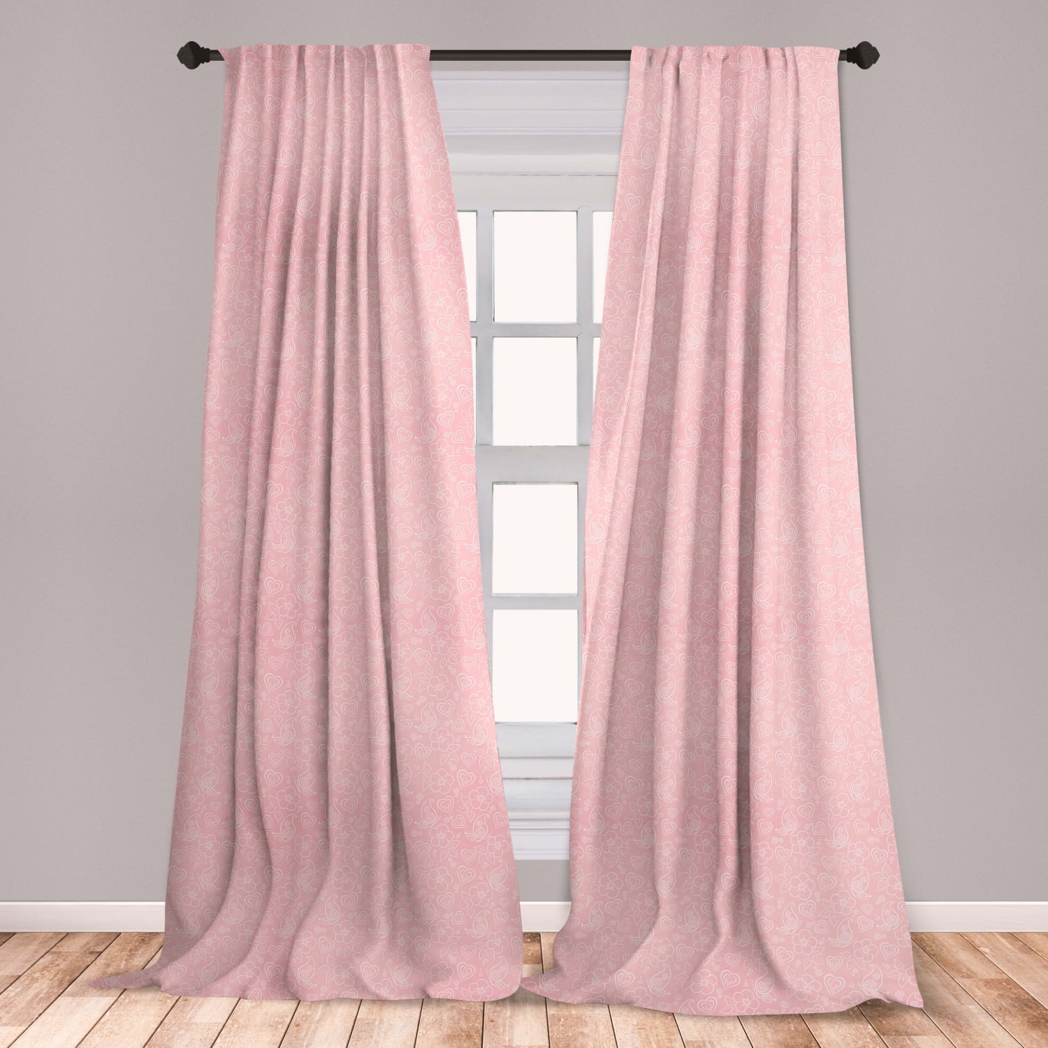 Pale Pink Curtains 2 Panels Set, Flowers Spiral Leaves Heart Lovers