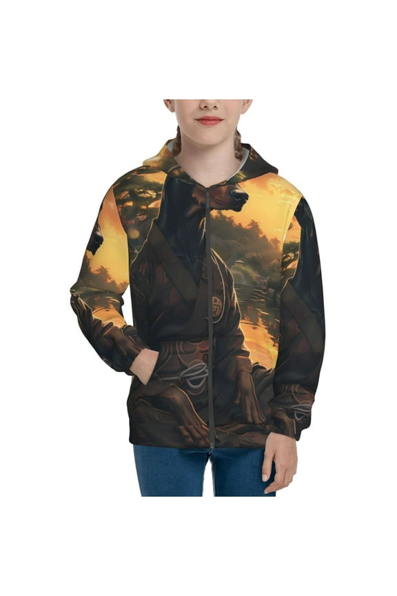 Sunset Meditating Doberman Teenage Zipper Hoodie, Long Sleeve Zip Up Hoodies Casual Jackets Tops for 7-12 Years-Medium