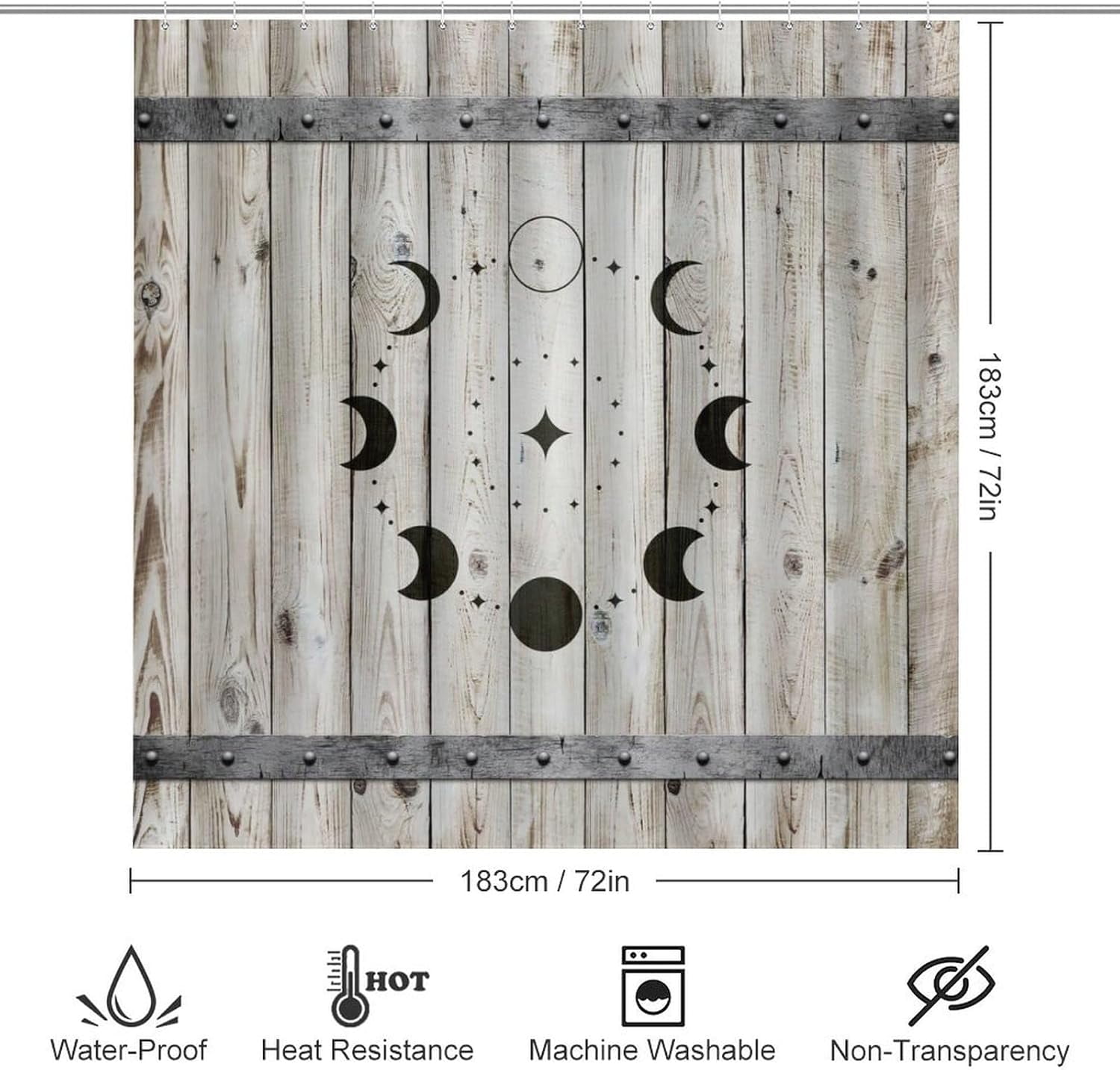 Country Barn Door 4 Pcs Shower Curtain set Bathroom Set Rustic Farmhouse Wooden Board Full Moon Shower Mat Shower Curtain with Rug 12 Hooks,72" W x 72" L