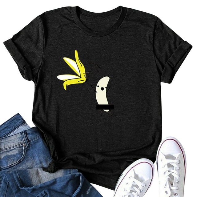 nsendm Chemise Femme Adulte T-Shirt d'Entraînement Manches Courtes Fruit Décontracté Femme Col Rond Haut T-Shirt Blouse Mignonne Imprimé Manches Blouse Femme Mod Bod Hauts (Noir, S)