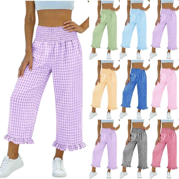 AKOEE Cute Summer Capris Plaid Print Smocked High Waist Wide Leg Capri Pants Pockets Ruffle Hem Casual Beach (XL, Purple)