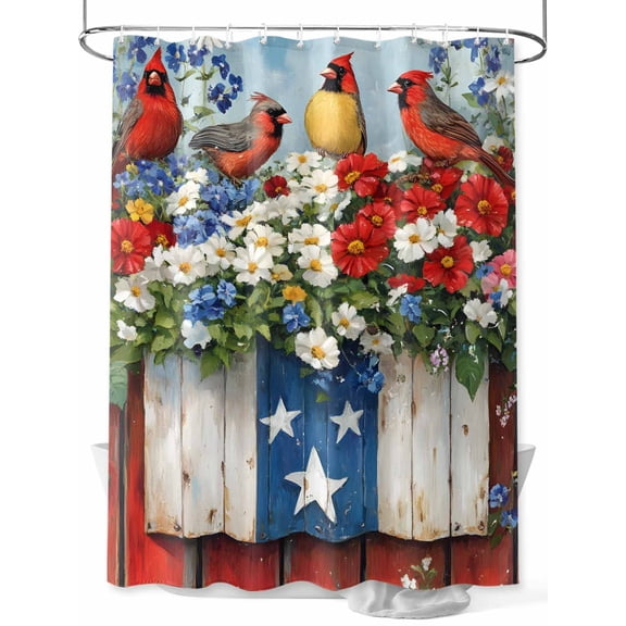 Fsddascl Star Stripe Flag Shower Curtain Set - 66" x 72" Washable Bathtub Curtain with 12 Hooks, Patriotic Red Blue Poppy Flower Bird Waterproof Fabric Stall Shower Curtains for Bathroom/Bathtub