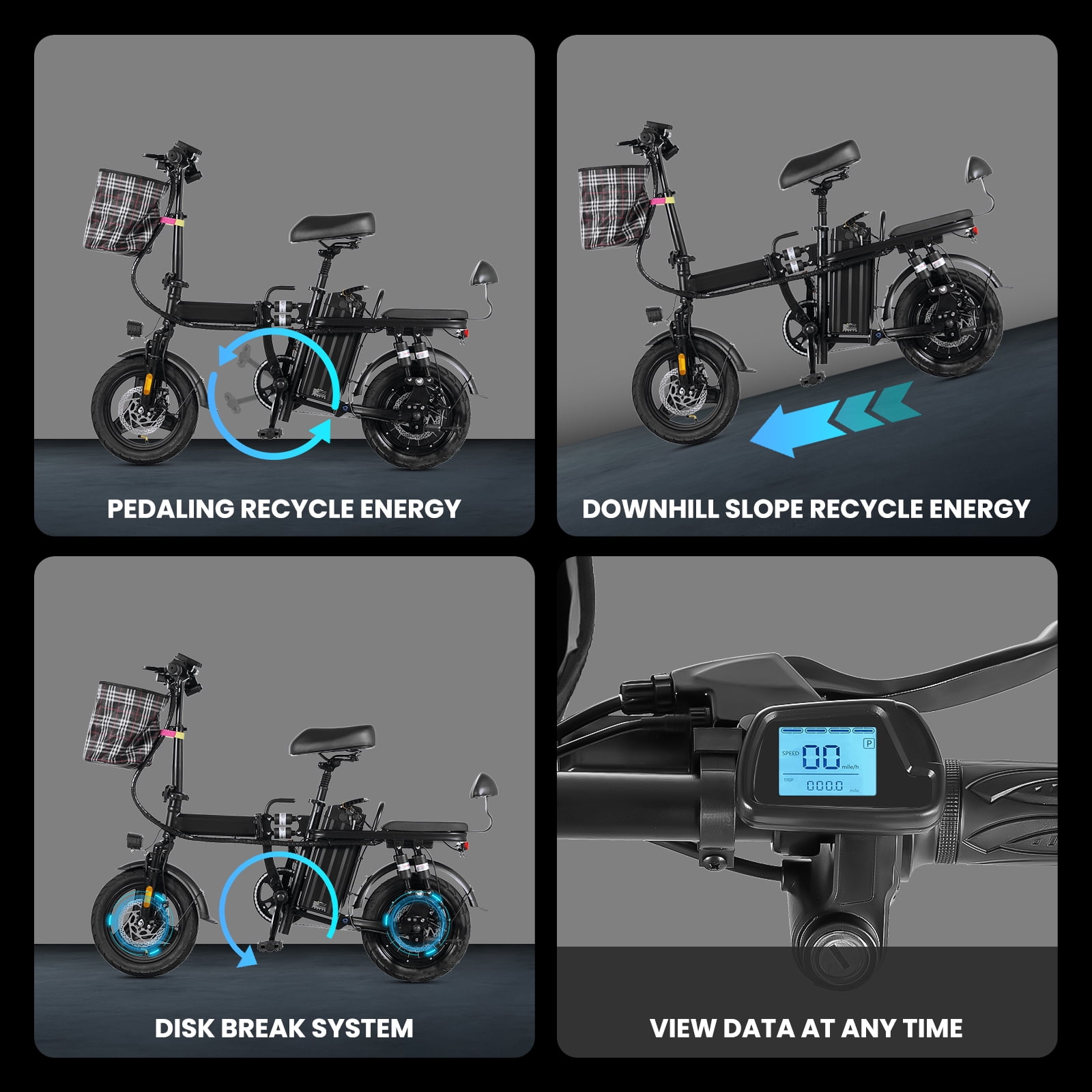 Electric-Bike-for-Adults, Folding-E-Bike-with-Basket, 14" Wheels, 20 mph, 500W Brushless Motor, 48V 15AH Removable Battery, 9 Shock Absorbers, 30-Mile Range, LCD Display