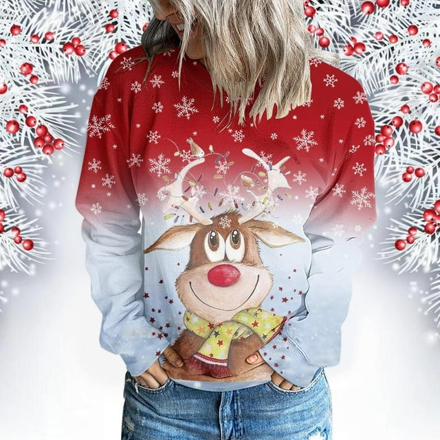 Costumes de Noël en Liquidation Mode Imprimé de Noël pour Femmes Chandail Col Rond Manches Longues Blouse Confortable Chandail en Molleton Grande Taille pour Femmes