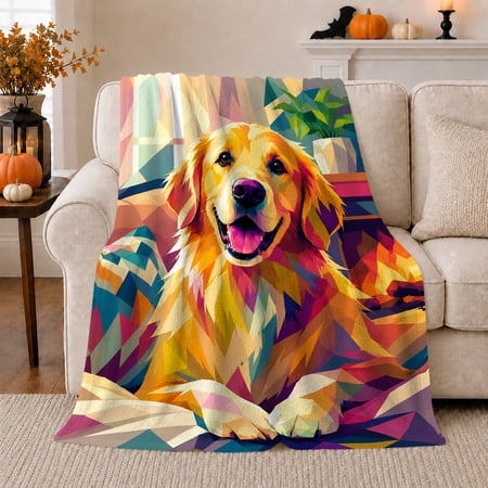 Geometric Golden Retriever Artwork Colorful Canine Art Playful Pet Portrait Pattern Warm Flannel Blanket for Living Room and Bedroom Dog Lovers Pet Adoption Gift Pet Lover Home Decor