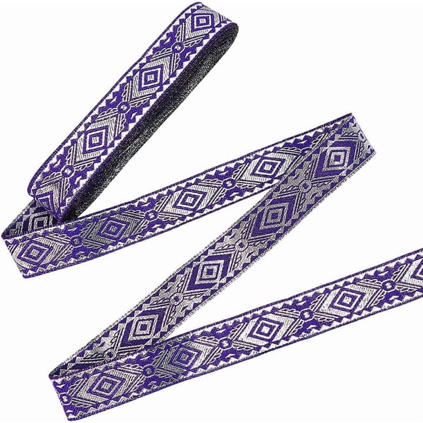 Cinta de jacquard étnica morada de 7,7 yardas, tela tejida bordada estilo bohemio con flecos metálicos plateados de 3/4 de pulgada.