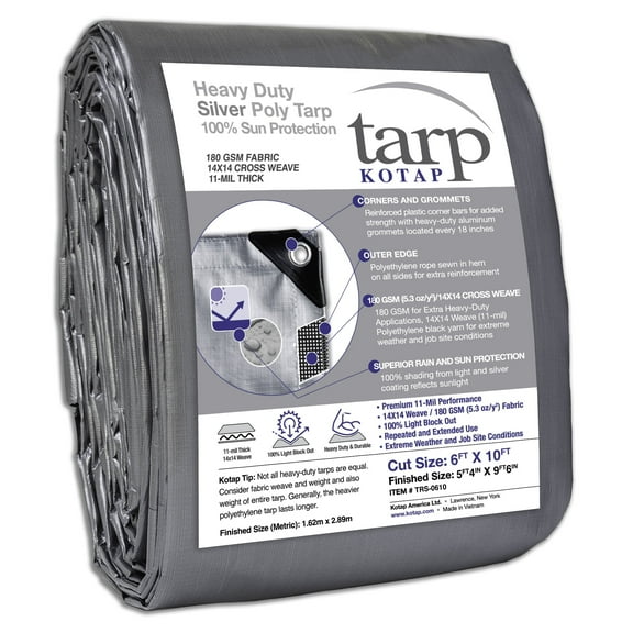 KOTAP 6 x 10 Ft. Heavy-Duty Protection/Coverage Tarp, Superior Weave, 180 gsm Weight for Longevity, 11-mil, Waterproof, Silver TRS-0610