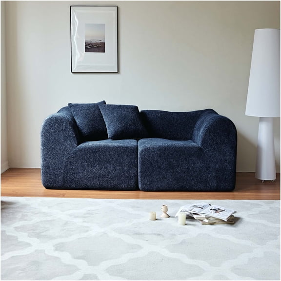 JERFIT Modern Velvet Loveseat Sofa for Small Spaces, 2-Seater Compact Couch with Pillows, Soft Fabric Upholstery for Living Room, Office, Apartment in Blue