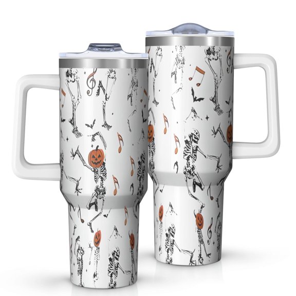 Halloween Dancing Skeletons and Pumpkins Tumbler with Handle and Lid,40oz Double Wall Vacuum Insulated Tumbler,Cups Gift for Women and Men
