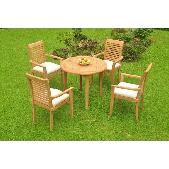 Grade-A Teak Dining Set: 4 Seater 5 Pc: 36" Round Table And 4 Mas Stacking Arm Chairs Outdoor Patio WholesaleTeak #WMDSMS44