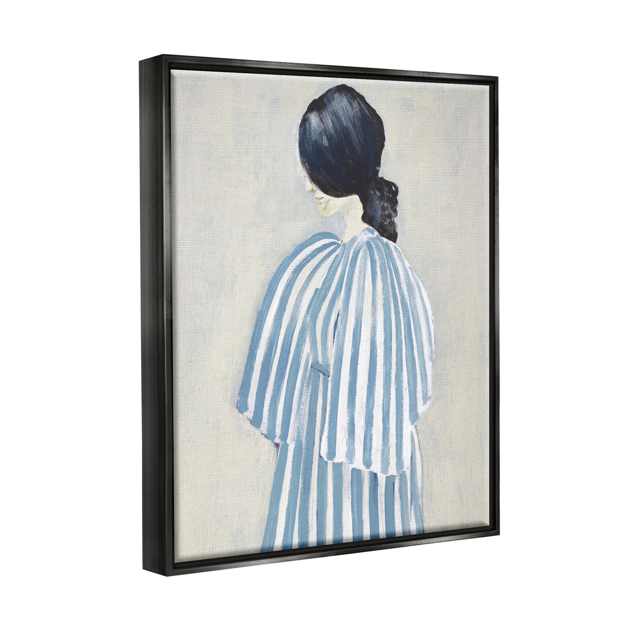 Stupell Industries Girl in Blue Striped Dress Beauty & Fashion Painting Black Floater Framed Art Print Wall Art, 17 x 21