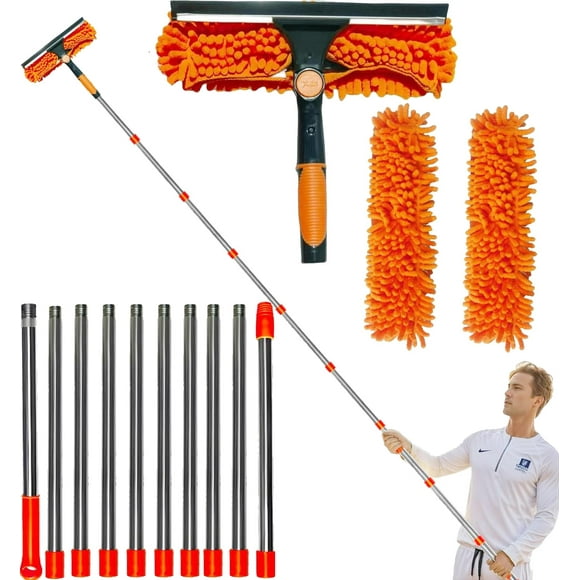20+ Feet Reach 2 in 1 Window Washing Squeegee & Duster with 3-14 ft Spliceable Extension Pole // Window Cleaning Tool & Window Washer Squeegee for Home Indoor Outdoor Window Washin