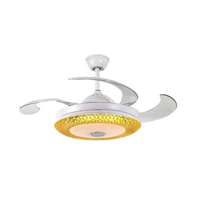ventilador con iluminación led megaluz lampara led y bocina Multicolor ventilador de techo 3 en 1, vista frontal centrada con aspas retráctiles curvas desplegadas, carcasa blanca y luminaria LED circular inferior con rejilla texturizada amarilla y panel central iluminado, botón/sensor visible en el centro, altavoz Bluetooth integrado y 7 colores de iluminación, ideal para sala o comedor; suele usarse también como lámpara ambiental decorativa.
