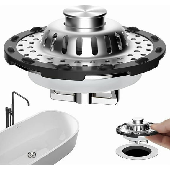 Bathtub Drain Stopper Shower Drain Hair Catcher, Tub Stopper with Visible Top Strainer, Upgraded 3 in 1 Pop-up Drain Plug Fit for 1.5 to 2.4" Hole, Stainless Steel Filter Basket