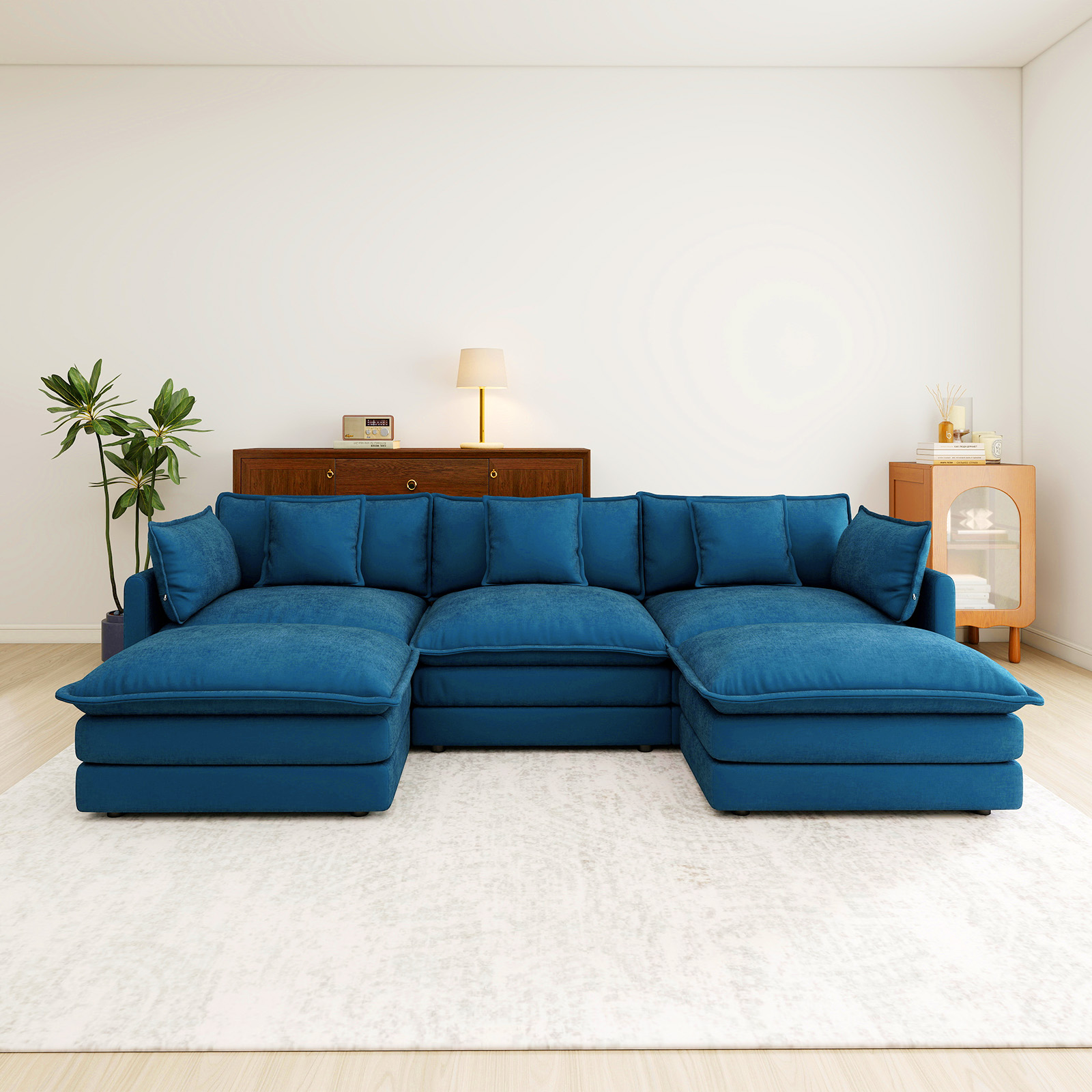 111.5” Blue Modular Sofa, 3 Seater U Shaped Chenille Sectional for Living Room, Cloud Couch with Ottoman, Sofá moderno