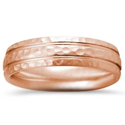 Pompeii Polished Bright Hammered 14K Rose Gold 6mm Wedding Mens Two Line Ring (,)