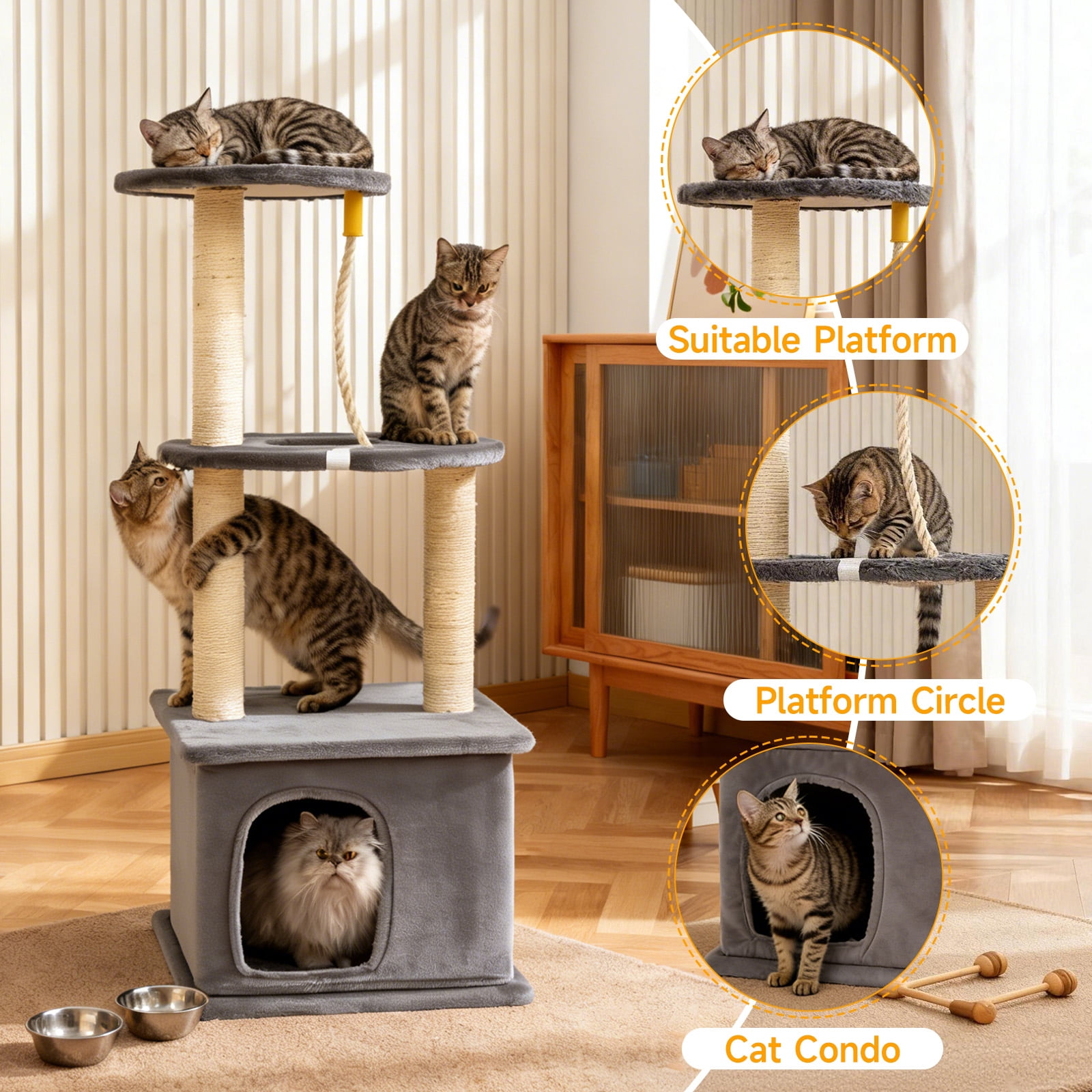 Cat Tree with Condo and Sisal Post, Multi-Level Cat Tower with Top Perchs, Cratching Post for Indoor Cats, Gray