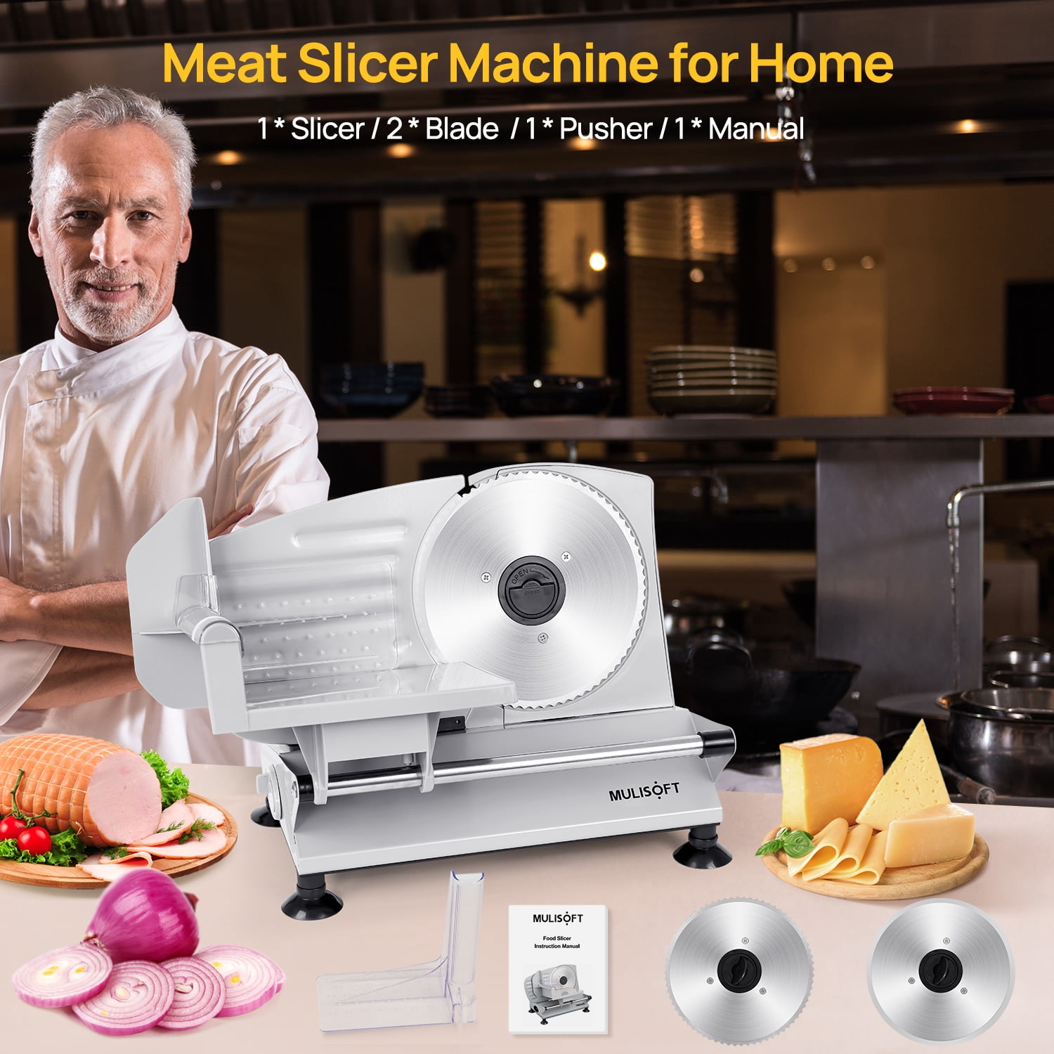 MULISOFT Meat Slicer, Meat Slicer Machine for Home Use, with 2 Removable Stainless Steel Blades, Adjustable Thickness Deli Slicer, Electric Slicer for Meat, Cheese, Bread, New
