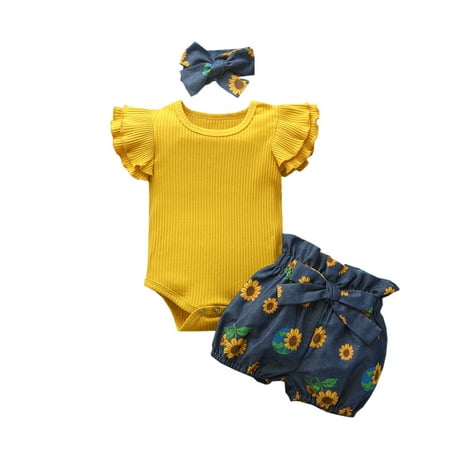 

QWERTYU Newborn Infant Baby Toddler Bodysuit and Floral Shorts Set Clothing Set Outfits Short Sleeve Summer Ruffle with Headband for Girl 0-2Y