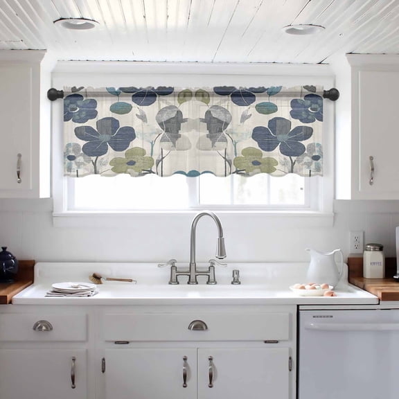 Navy Blue Green Floral Valance Curtains for Kitchen/Living Room/Bathroom/Bedroom Window, Vintage Botanical Leaves Rod Pocket Small Topper Half Short Window Curtains Voile Sheer Scarf 42"x12"