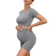 thumbnail image 3 of Tqyyweavej Maternity 2 Piece Outfit Quick Dry Short Sleeve Crewneck Yoga Tops and Over The Belly Solid Color Ribbed Workout Shorts, 3 of 7