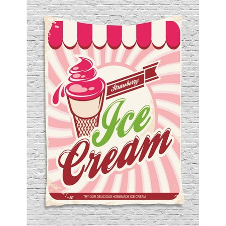 - Ice Cream Tapestry, Retro Style Strawberry Ice Cream Logo in Soft Tones Homemade Pop Art, Wall Hanging for Bedroom Living Room Dorm Decor, Hot Pink Maroon Cream, by Ambesonne
