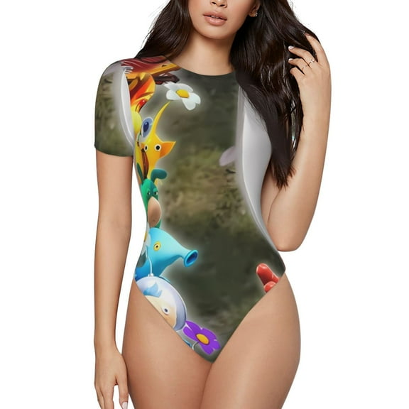 Lsque Pikmin Women's Crew Neck Short Sleeve Bodysuit Basic T Shirts Tops Onesie Adult Cute Pajama-Medium