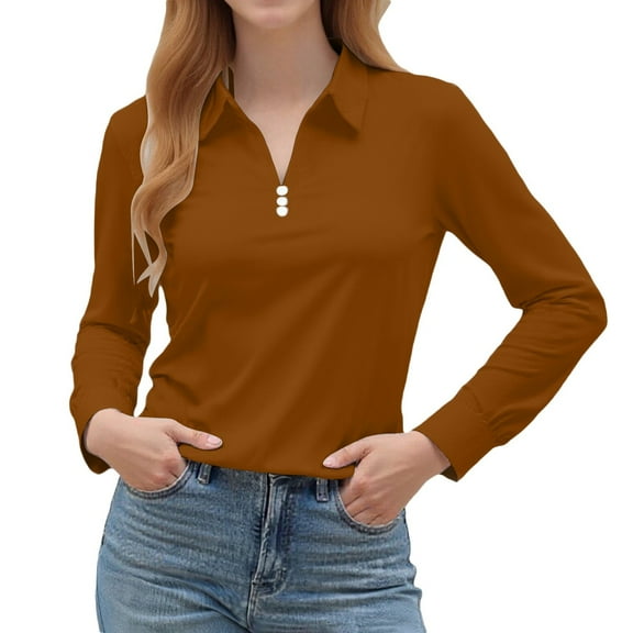 Gyexs Long Sleeve Shirts for Women Casual Collared V Neck Blouse Tops Business Work Button Down Loose Fit Tee Shirt Brown, Size S