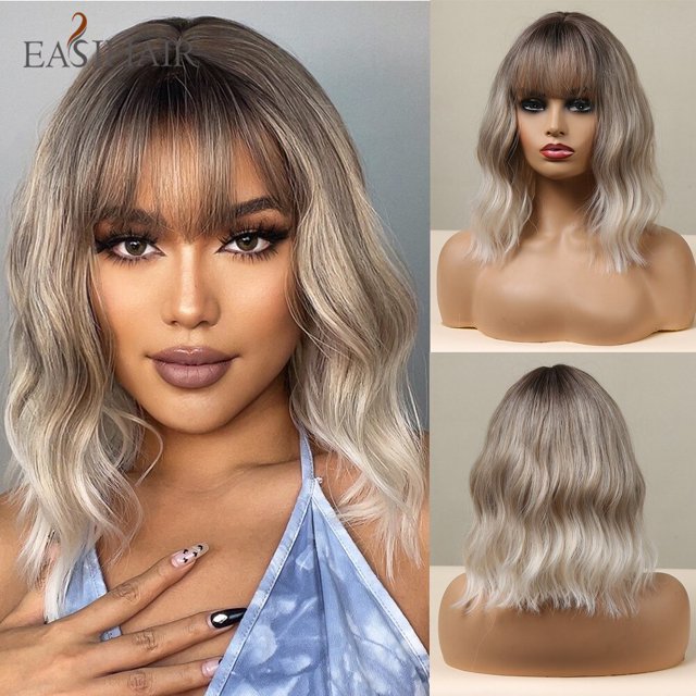 EASIHAIR, pelucas cortas y rectas de Bob con flequillo, pelo sintético Natural marrón dorado para mujeres, pelucas de fibra resistentes al calor para Cosplay diario Tan Jianjun unisex
