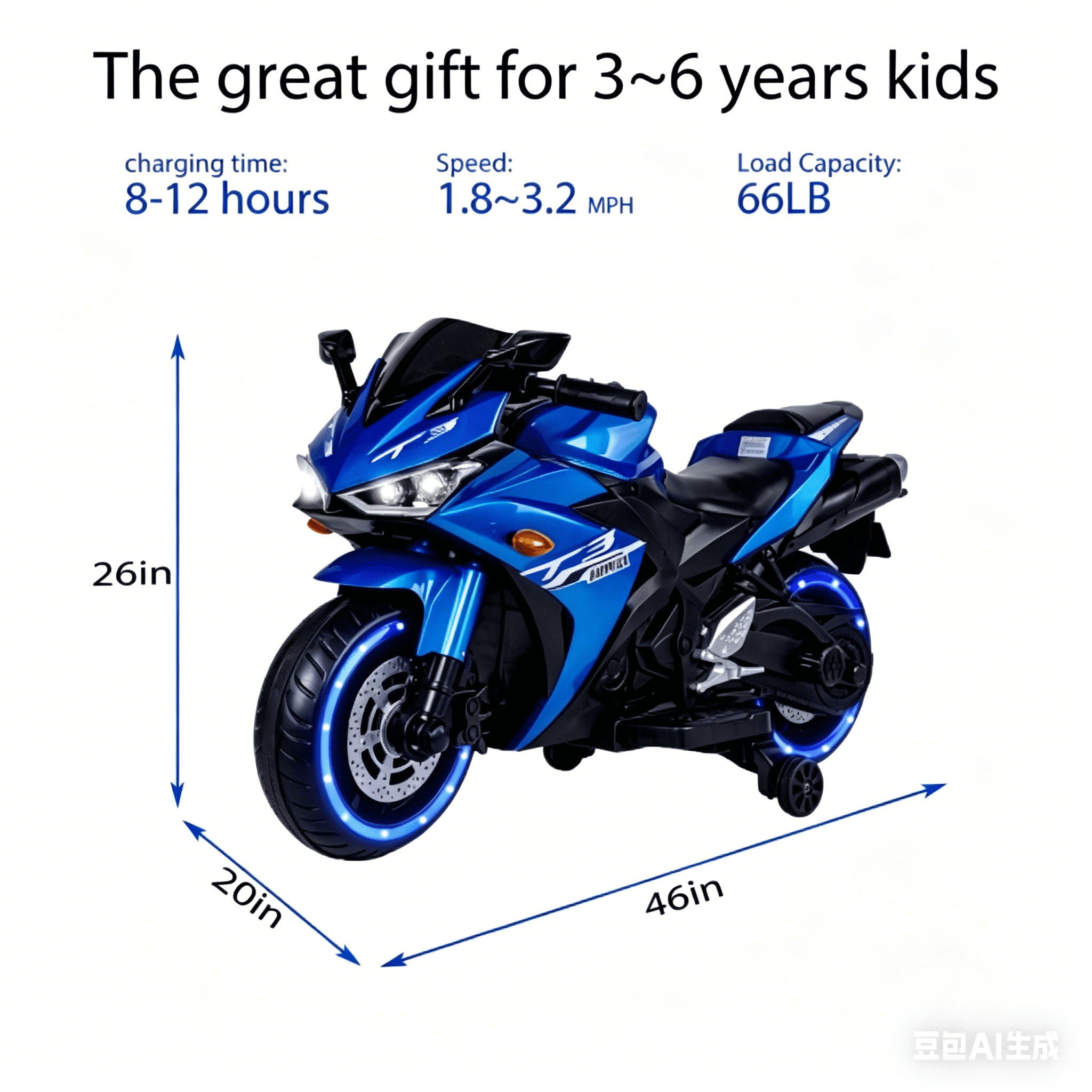 Anykoon 12V Kids Ride On Motorcycle with Training Wheels, Manual Throttle & Light Wheels, for Boys Girls Ages 3-6, Blue