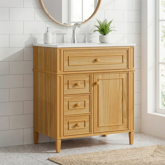 30" Bathroom Vanity with Sink, Solid Wood Vanity Cabinet with Flip-Out Drawer, 2 Drawers and 1 Soft-Close Door, Natural Wood