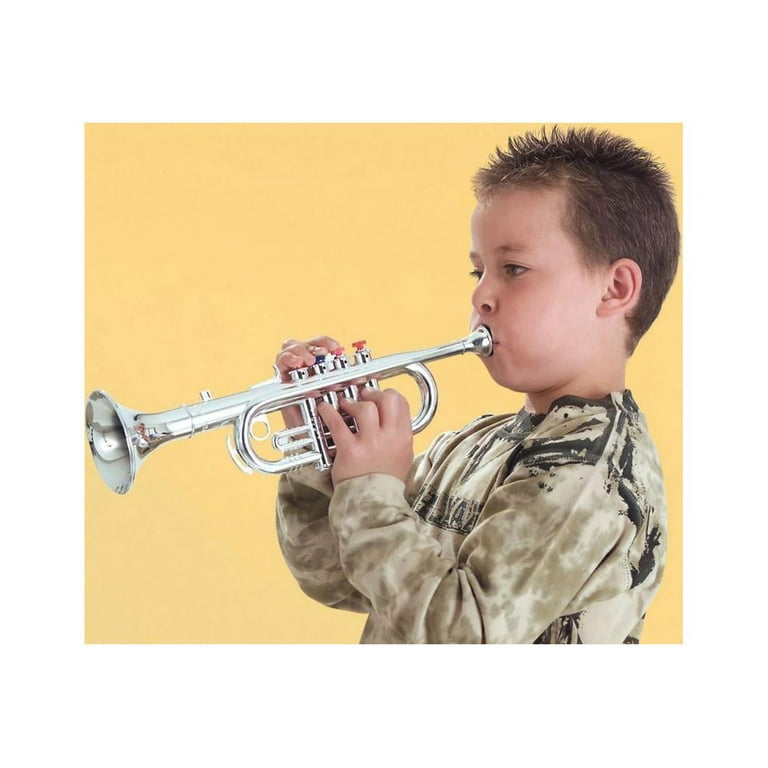 Click N' Play Metallic Silver Kids Trumpet Horn Wind Instrument With 4  Colored Keys