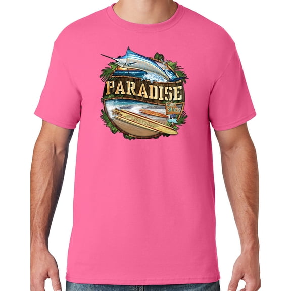 Mens Manu Bay Surf Company PARADISE SURF SHACK MARLIN T-shirt, 2XL Neon Pink
