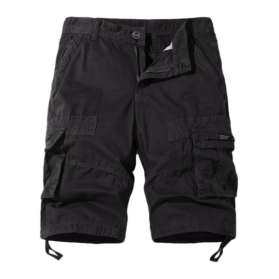 QQAMB Men Cargo Shorts Elastic Waist Cotton Solid Color Casual Outdoor Cargo Shorts with Multi-pocket Button Zipper Black M