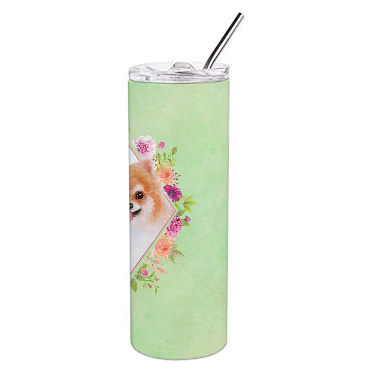 Carolines Treasures CK4329TBL20 Pomeranian Design1 Green Flowers Stainless Steel 20 oz Skinny Tumbler 20 oz multicolor