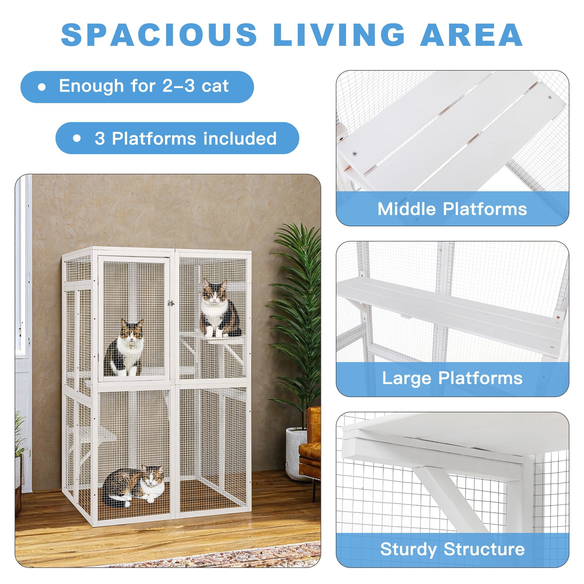Demi Bonn 64" Outdoor Cat House, Large Cat Condo for Feral Cats Wooden Outside Cat Cage Weatherproof with Platforms, White