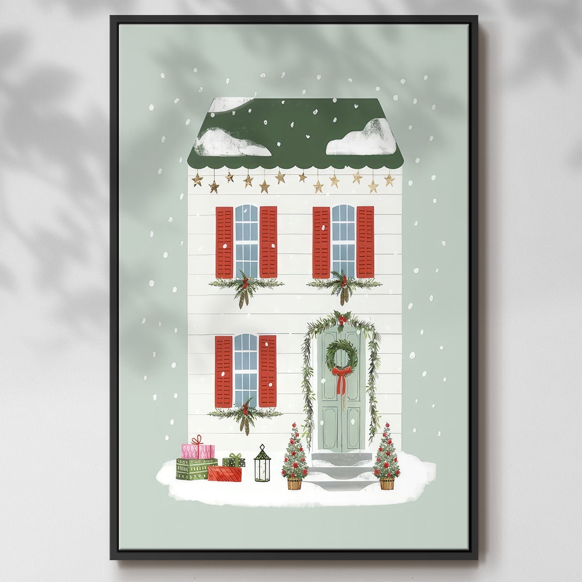 Festive Front Door IV - Framed Gallery Wrapped Holiday Canvas - 17 x 25 - Black Frame