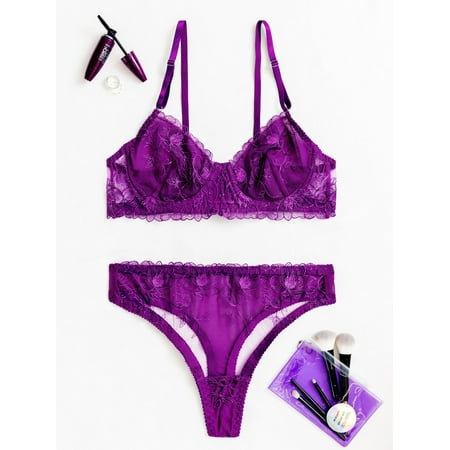 Generic Sexy Lace Embroidery Lace Mesh See-through Bra Thong Two-Piece Suit Sexy Lingerie