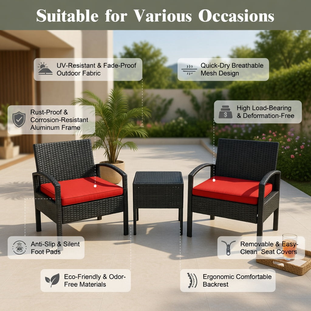 Hommoo 3-Piece Outdoor Wicker Patio Conversation Set, Rattan Chairs + Red Cushions + Tempered Glass Table for Backyard, Balcony & Poolside, Red