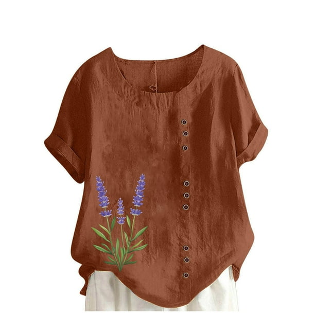 Vestidos Casuales Para Mujer, Blusas De Mujer De Moda Blusa informal de lino con botones y manga corta estampada para mujer