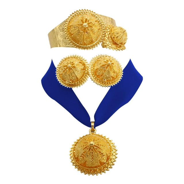 Juego de 4 joyas, collar, brazalete, orejas, mujer, exquisito, cómodo de llevar. Azul