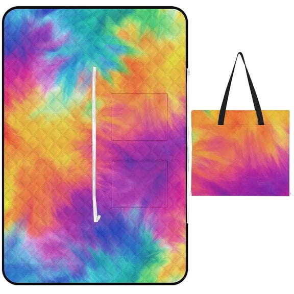 Colorful Tie Dye Vortex Outdoor Picnic Blanket, Foldable Waterproof Beach Mat, Portable Beach Blanket for Beach Camping, Hiking, Family Concerts