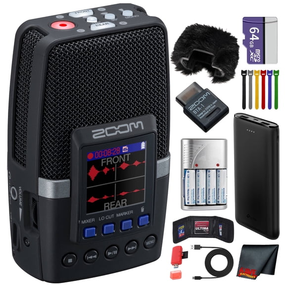 Zoom H2essential Multi-Mic 32-Bit Float Handy Recorder Bundle With Windscreen for H2E   BTA-1 Bluetooth Adapter   64GB Memory Card   P-Bank Battery   4xAA Battery with Charger   More