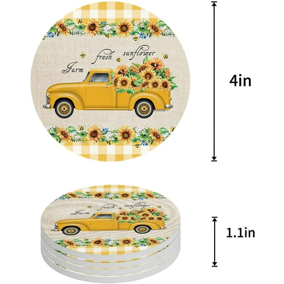 ZHANZZK Summer Farm Truck and Sunflower Retro Plaid Texture Set of 8 Round Coaster for Drinks, Absorbent Ceramic Stone Coasters Cup Mat with Cork Base for Home Kitchen Room Coffee Table Bar Decor