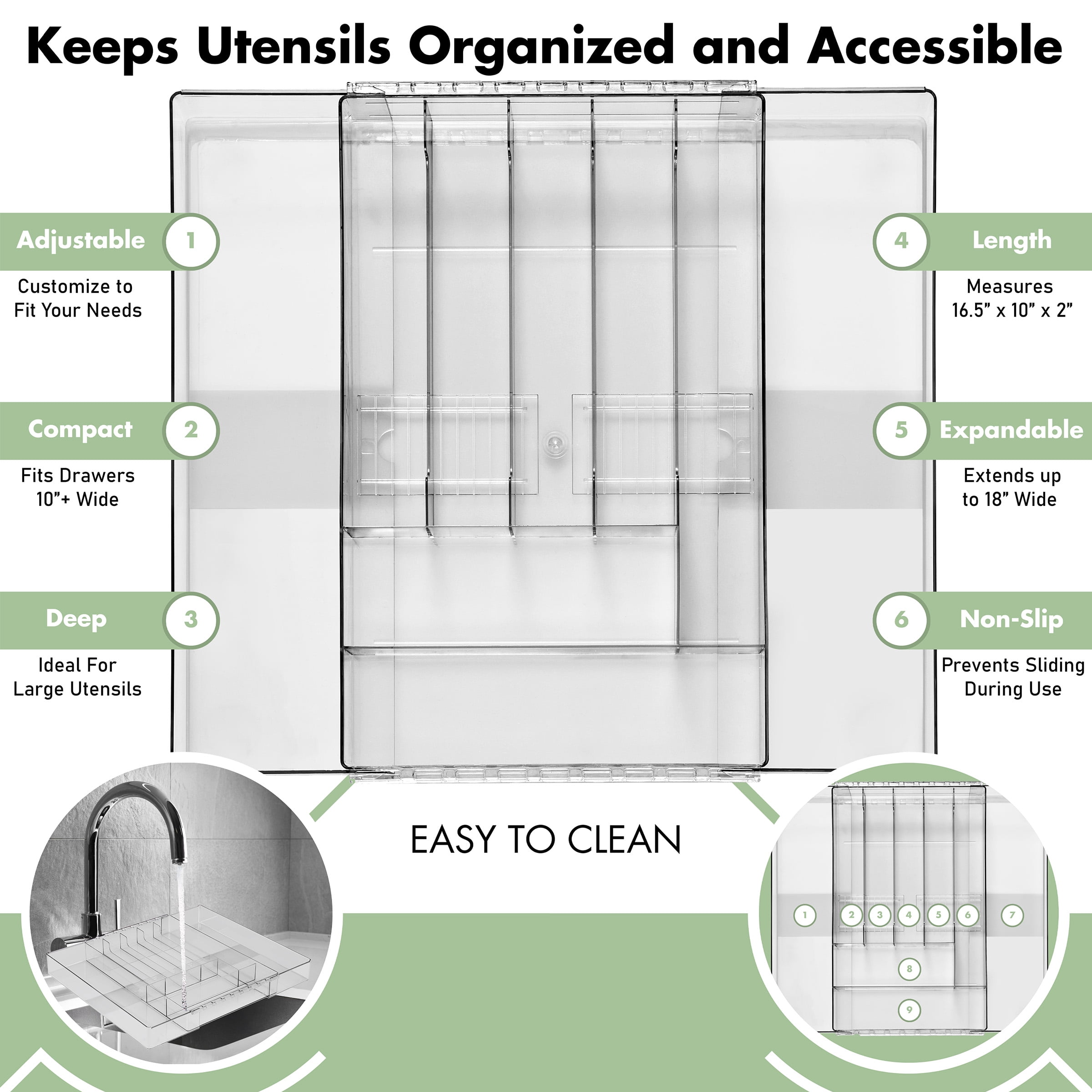 Sorbus Clear Expandable Silverware Drawer Organizer, Adjustable Cutlery Tray