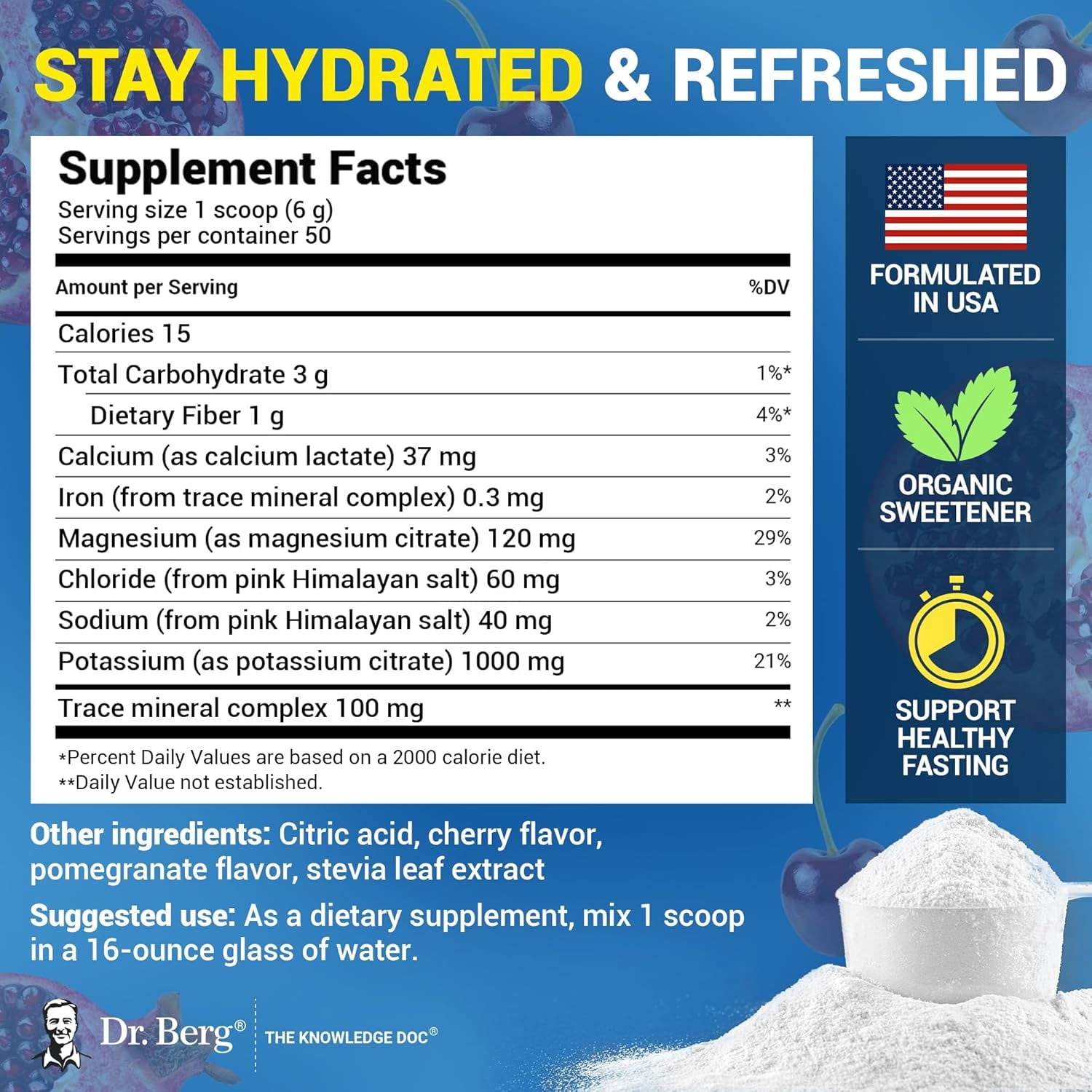 Dr. Berg Electrolyte Powder, Pomegranate & Cherry Flavor - Hydration Powder, 50 Servings