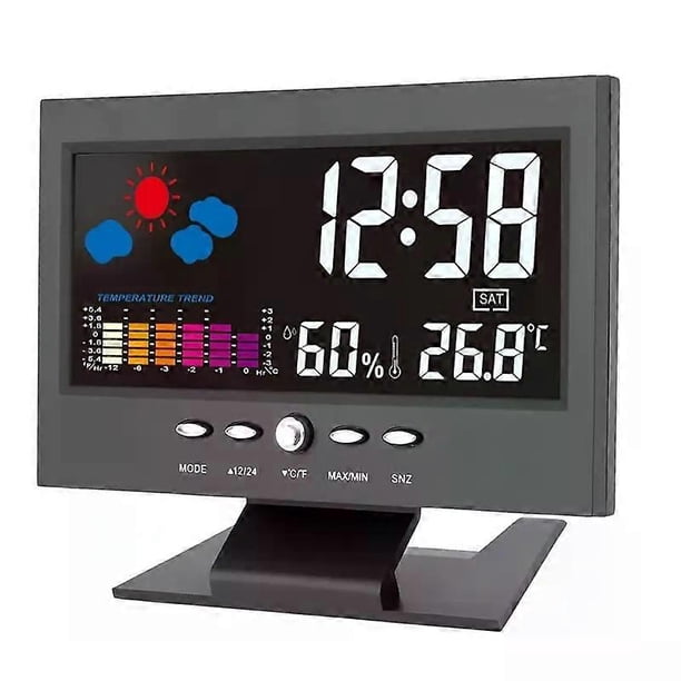 Digital weather alarm clock, voice control backlight, temperature and humidity calendar display, glass material, time and weather forecast, table cloc