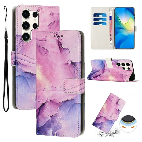 for Samsung Galaxy S24 Ultra Wallet Case with Card Holder,Women Men RFID Blocking PU Leather Flip Cover Wrist Strap Magnetic Closure Credit Card Slots Marble Patterned Book Style Phone Case,Purple